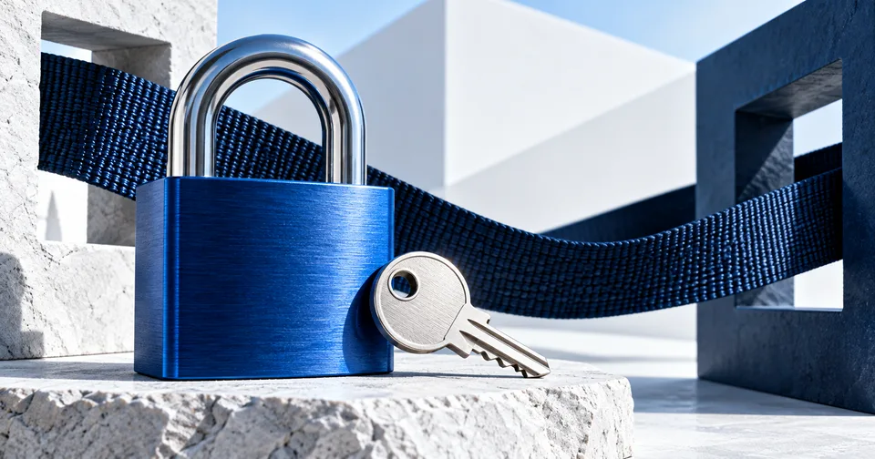 A blue padlock and silver key beside a strap passing between two frames.