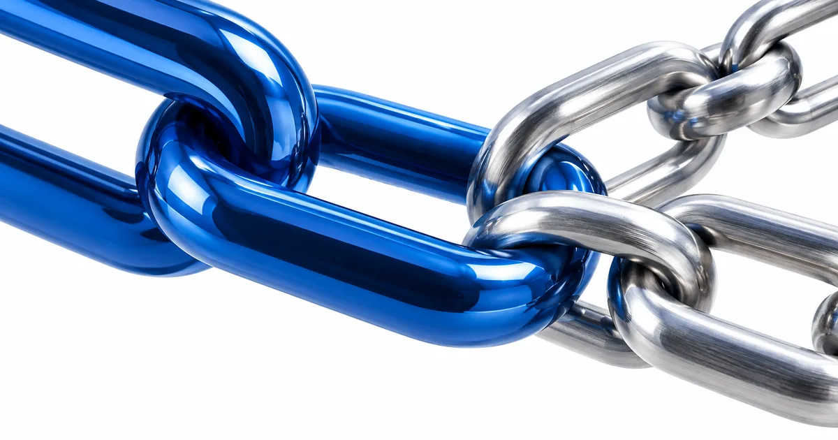 Interlocking blue chain links branching into three smaller silver links.