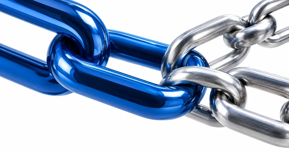 Interlocking blue chain links branching into three smaller silver links.