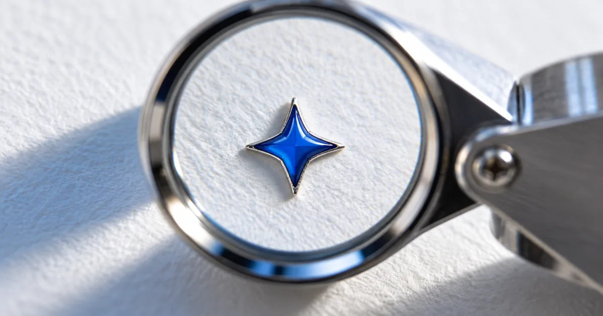 A tiny blue geometric star enlarged through a silver magnifying lens.