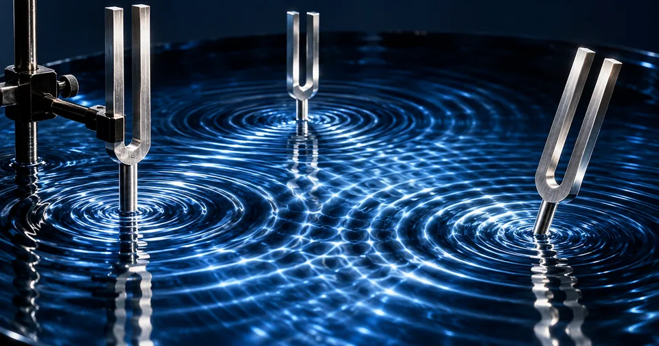 Three tuning forks producing overlapping ripples in a blue pool.
