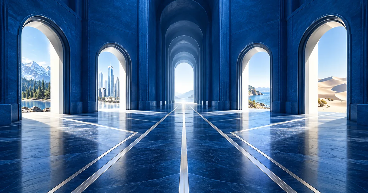 A blue architectural hallway branching into four separate doorways.