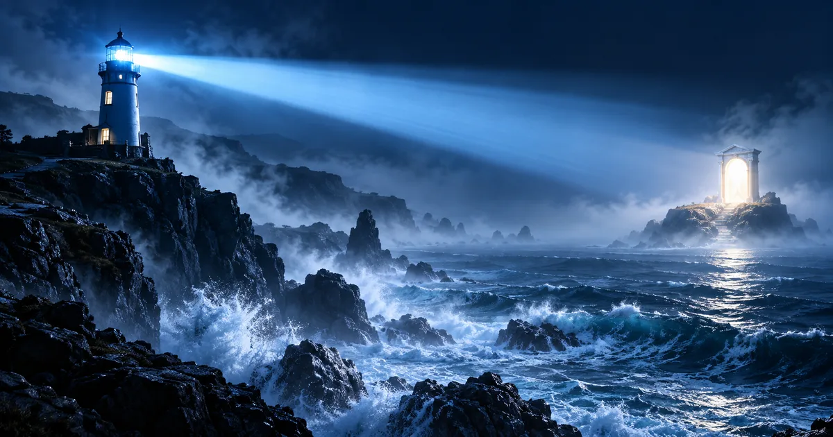 A blue lighthouse illuminating a distant doorway through fog.