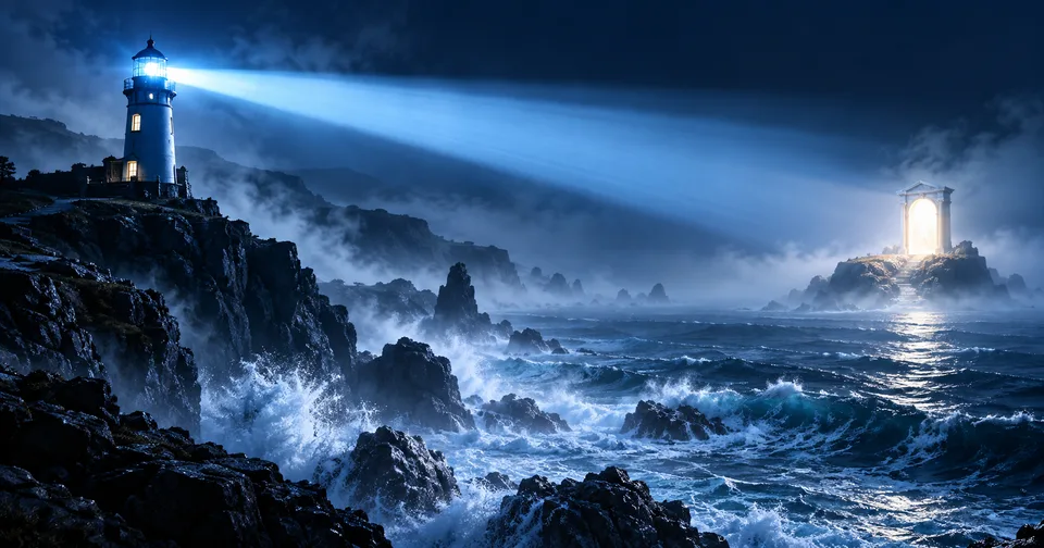 A blue lighthouse illuminating a distant doorway through fog.