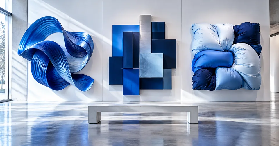 A gallery displaying flowing, geometric and soft blue design sculptures.